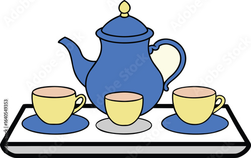 elegant teapot beside ceramic cups on tray on transparent background