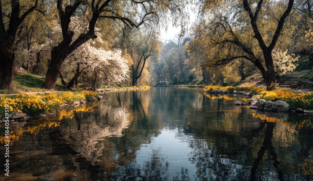 Serene park lake, spring blossoms Serene park lake, spring blossoms
