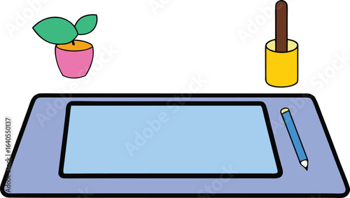 minimal table with tablet and silver stylus pen on transparent background