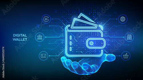 Digital wallet icon in wireframe hand. E-wallet. Online payment by digital wallet. Online banking service application. Mobile banking, money transaction, e-commerce. Vector illustration.