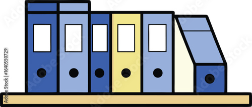paper folders with labels stacked on office shelf on transparent background