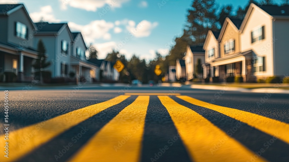 Obraz premium Yellow road stripes in front of suburban homes