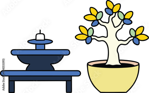 potted bonsai tree beside small tabletop fountain on transparent background