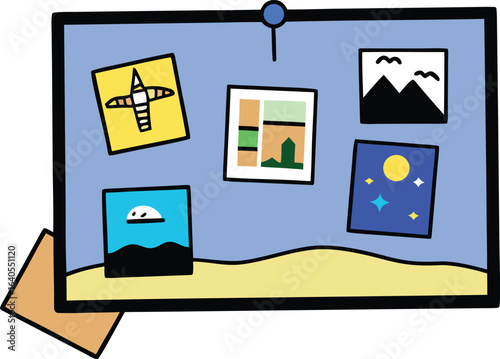 small cork board with colorful travel postcards on transparent background