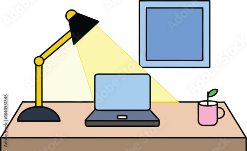 soft light from table lamp over empty workspace on transparent background