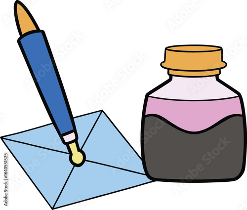 vintage ink bottle beside fountain pen and letter on transparent background