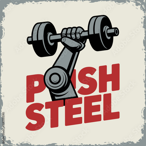 Retro style illustration of a robotic arm holding a dumbbell with the words push steel in bold red lettering on a distressed background for fitness and gym themes