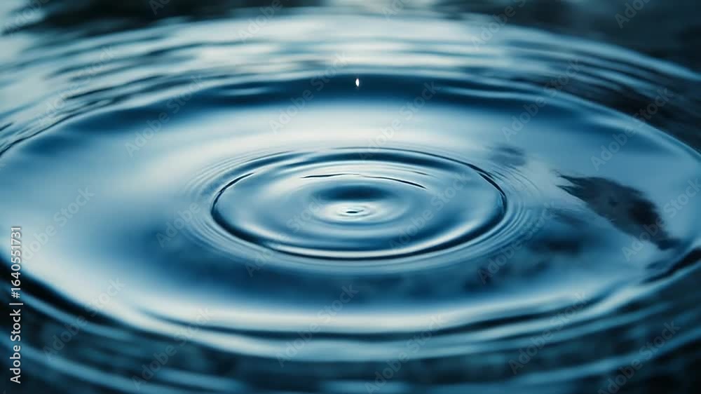Water drop creating concentric ripples on blue liquid surface Water drop creating concentric ripples on blue liquid surface