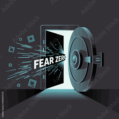 Open vault door revealing a bright light and digital data streams with the words fear zero symbolizing overcoming challenges and embracing new opportunities