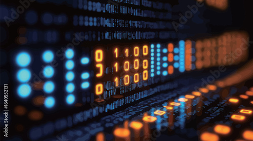 A computer screen with a blue and orange background and a row of numbers. The numbers are in binary code and are lit up. Concept of technology and the complexity of computer systems