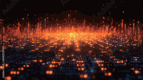 A computer generated image of a cityscape with orange and blue lights. The image has a futuristic and technological feel to it