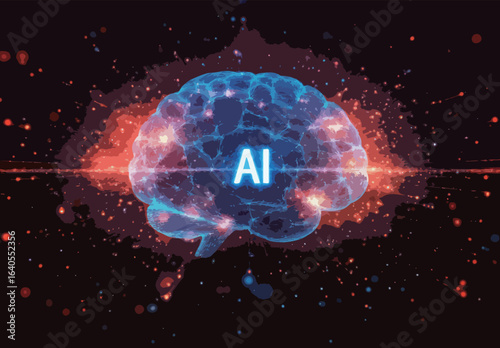 A brain with the letters AI on it. The brain is surrounded by a colorful, glowing, and abstract background. Concept of creativity and innovation, as well as the idea of artificial intelligence