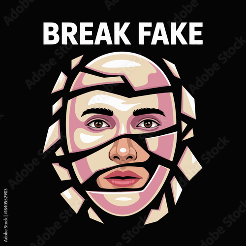 A stylized illustration of a human face with geometric shards breaking away from it symbolizing the concept of breaking free from falsehoods or artificiality