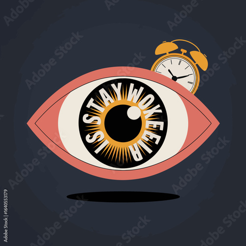 A stylized illustration of an open eye with the words stay alert written in the iris and a vintage alarm clock perched on the upper eyelid symbolizing vigilance and the passage of time