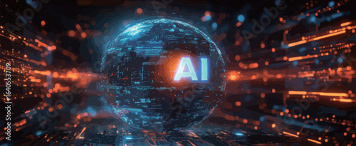 A glowing blue sphere with the word AI in orange letters. The sphere is surrounded by a bright orange and blue background