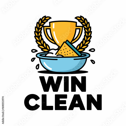 Trophy with a sponge in a bowl of soapy water and the text win clean representing winning in cleaning or achieving a clean victory