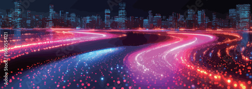 A colorful, swirling line of dots that appear to be moving. The dots are in shades of blue, red, and purple. The image has a dreamy, ethereal quality to it