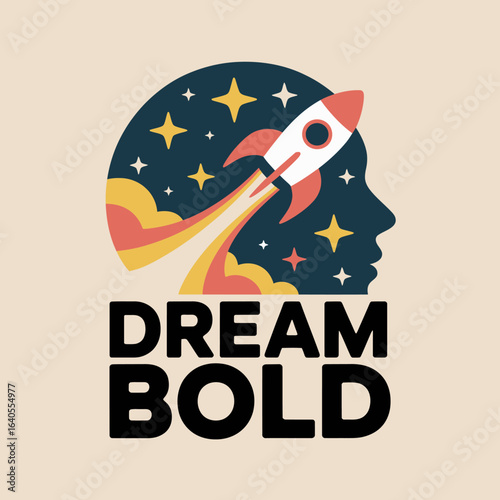 A stylized silhouette of a human head filled with a starry night sky and a rocket launching symbolizing imagination dreams and ambition with the words dream bold below
