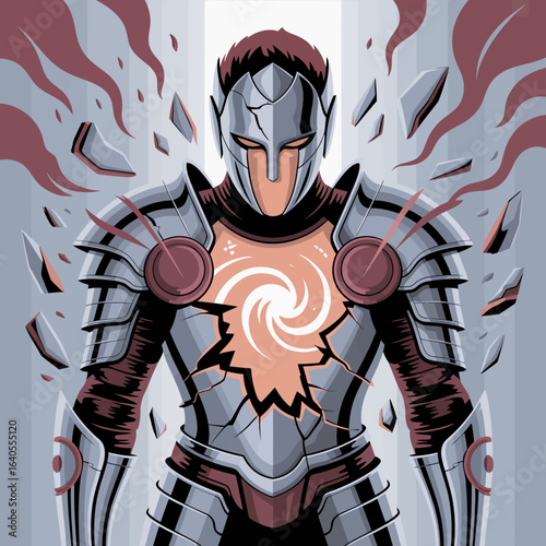 A powerful armored warrior with a glowing cosmic energy core emanating from their chest surrounded by fiery red abstract shapes symbolizing strength and cosmic power
