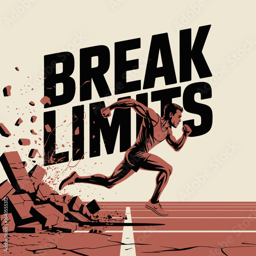 Dynamic athletic man breaking through a brick wall with the words break limits in bold typography representing overcoming challenges and achieving goals