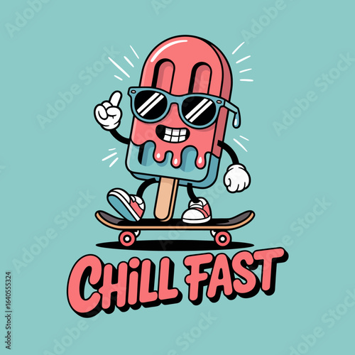 Cool cartoon popsicle character riding a skateboard with sunglasses and thumbs up text reads chill fast fun summer vibe