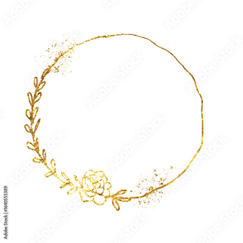 Hand drawn gold glitter frame with flowers