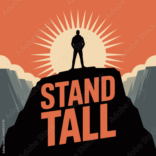 Silhouette of a determined person standing tall on a mountain peak against a vibrant sunrise symbolizing achievement success and overcoming challenges