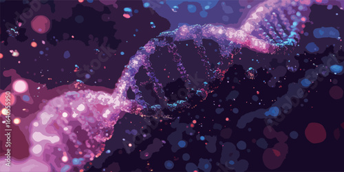 A DNA strand is shown in a colorful, abstract style. Concept of complexity and mystery, as the DNA strand is made up of many small, intricate pieces