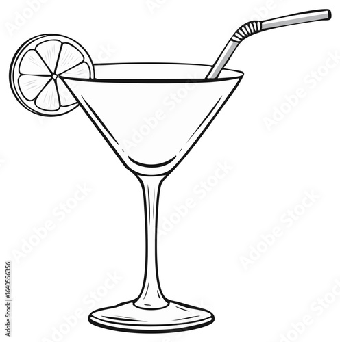 Line drawing of a martini glass with a straw and lemon slice