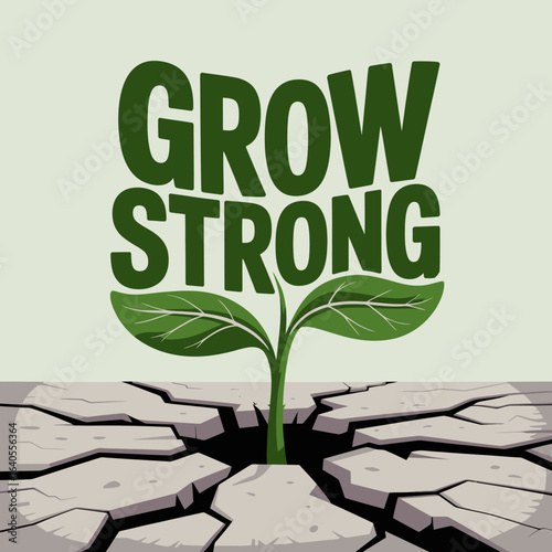 A small green sprout with two leaves emerges and grows strong from a crack in dry arid earth symbolizing resilience and new beginnings against adversity