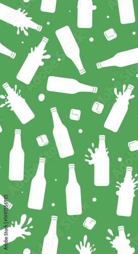 Refreshing Beverage Bottles Ice Cubes Splashes Green Pattern Background