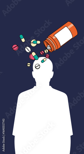 Overdose of pills spilling from a bottle onto a person's head representing mental health