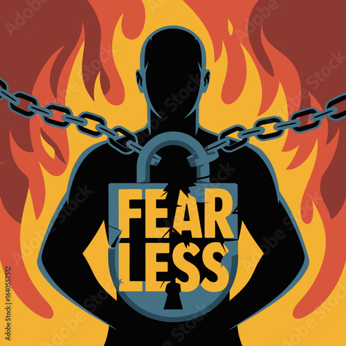 Silhouette of a determined person breaking free from chains and flames with the word fearless emblazoned on a shield symbolizing overcoming adversity and finding inner strength