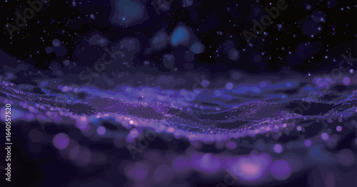 The sky is a deep shade of purple, with a multitude of stars twinkling in the distance. The stars are scattered throughout the sky, creating a sense of depth and vastness. The scene is serene