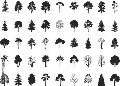 Silhouette tree icon set, forest tree vector collection, black tree clipart for design, landscape elements, editable plant graphics