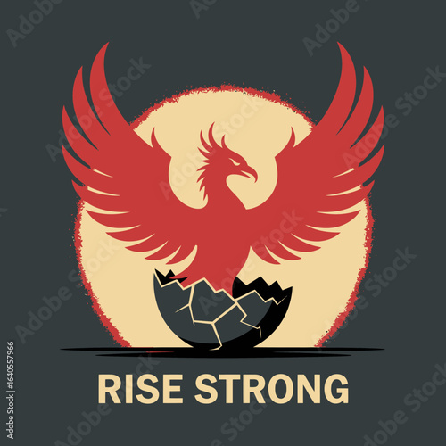 Powerful red phoenix rises from cracked egg symbolizing rebirth resilience strength and new beginnings against a soft yellow glow