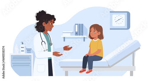 Friendly Female Doctor Consulting Young Girl Patient in Clinic.
