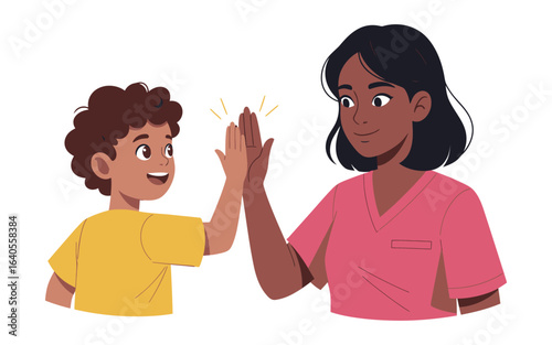 Joyful High Five Between a Child and a Woman Celebrating Success and Friendship.