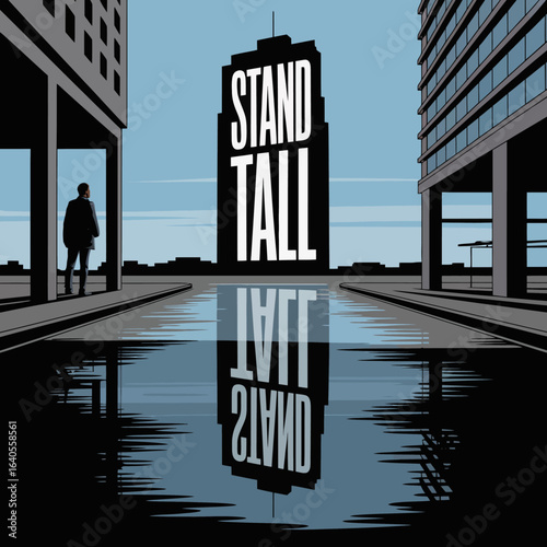 Inspirational stand tall skyscraper building reflection in puddle concept art represents ambition success and urban cityscape growth vector