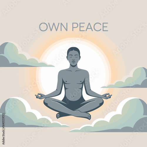 Serene person meditating in lotus pose floating among soft clouds under a gentle sunrise for inner peace and mindfulness practice vector