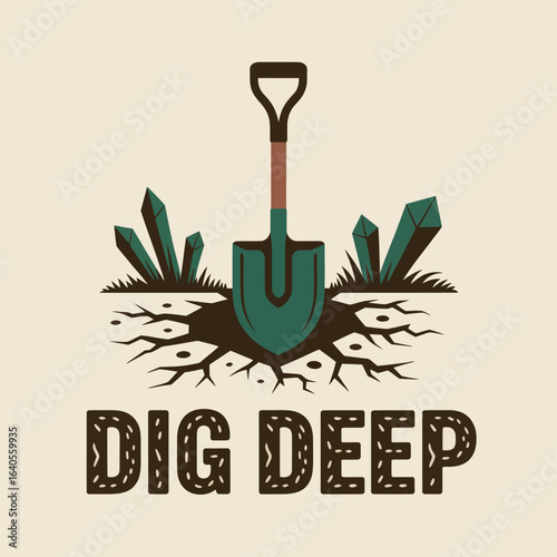 Dig deep shovel cutting earth uncovering crystals for mining exploration geological discovery and archaeological excavation concept art vector