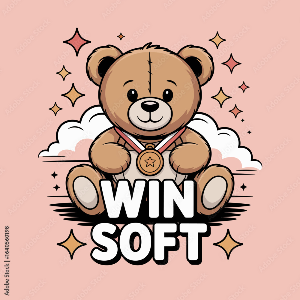 Obraz premium Adorable teddy bear wins with 'win soft' medal and sparkling stars for celebration and achievement graphic vector