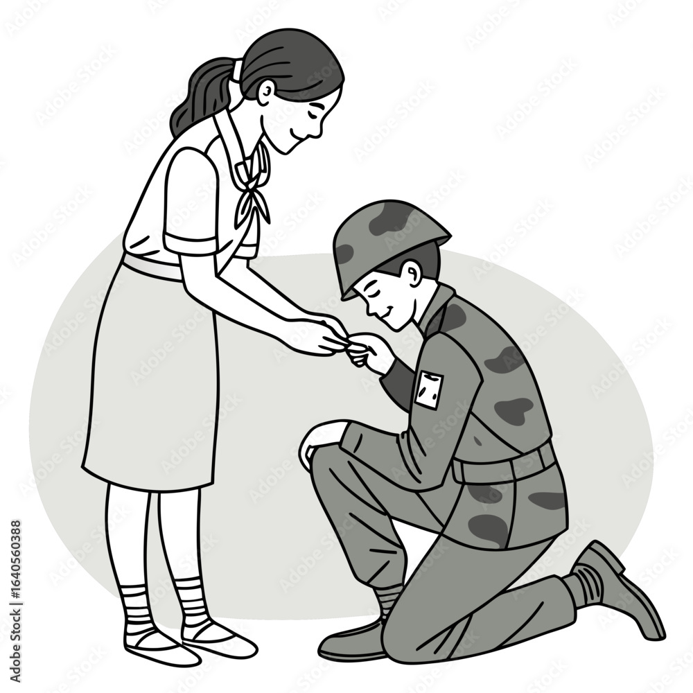 Obraz premium A girl offers a flower to a kneeling soldier as a sign of gratitude