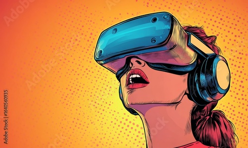 Emotional young woman in VR glasses, crying while playing video games, captured in a pop art style, illustrating the powerful connection between virtual reality and emotional, Generative AI