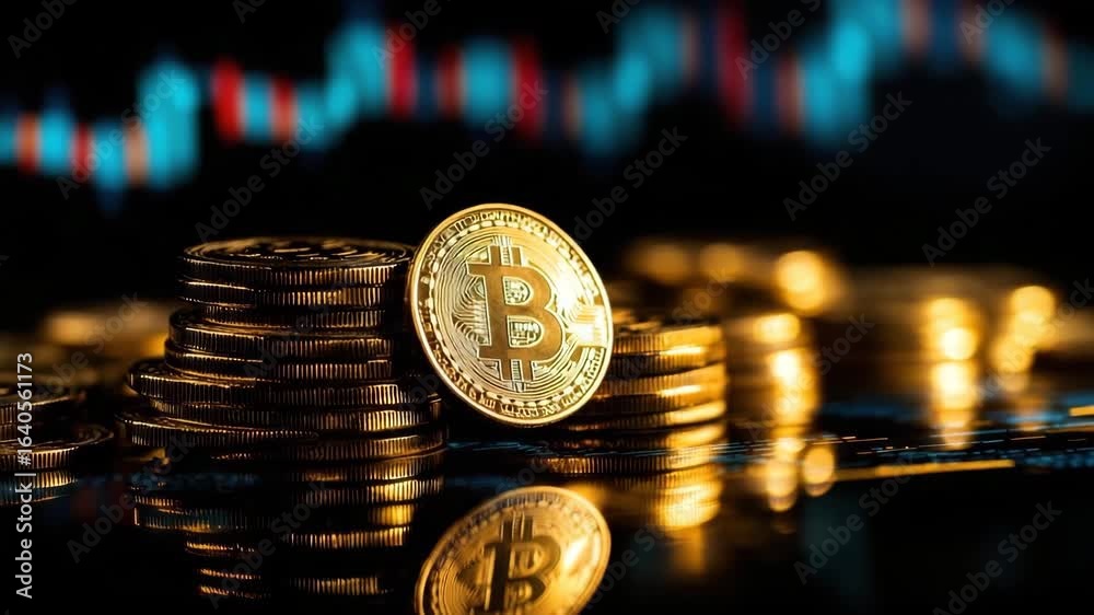 Bitcoin cryptocurrency digital coin stack with currency investment finance gold and trading concepts showing market trends and financial graph background reflecting value changes and wealth growth
