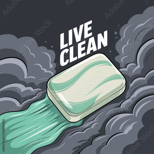 Bar of soap creates clean green water flowing through dark smog clouds promoting hygiene and freshness concept vector