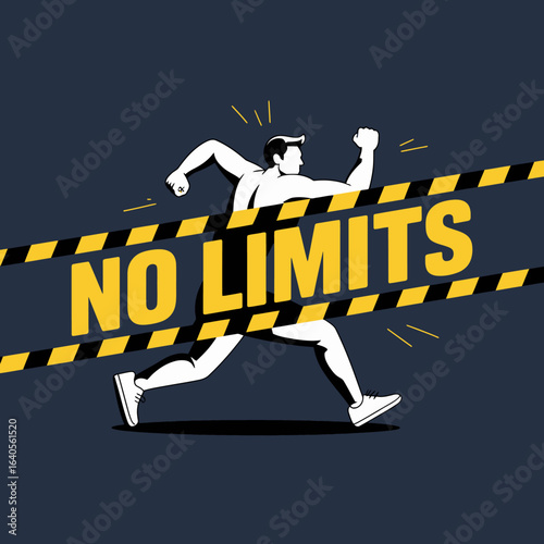 Dynamic silhouette of a runner breaking through 'no limits' tape symbolizing achievement and overcoming challenges in sports and fitness vector