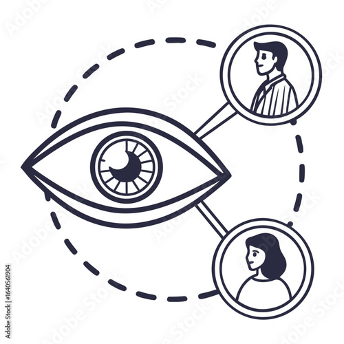 Illustration of eye connecting people through vision isolated on white background