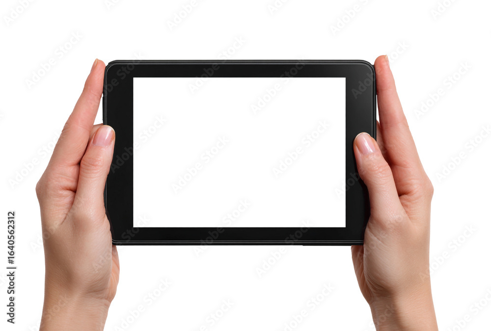 Hands holding a black tablet computer with a blank white screen, isolated on transparent background Hands holding a black tablet computer with a blank white screen, isolated on transparent background