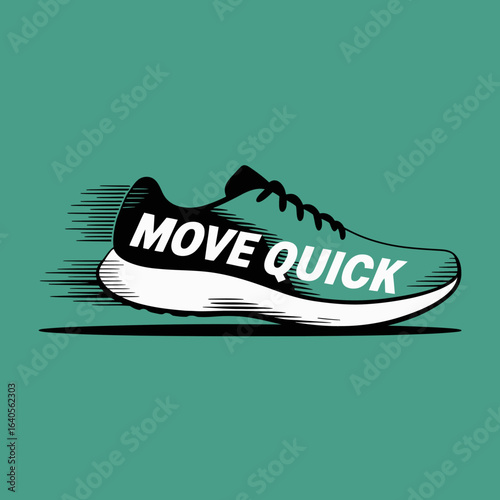 Dynamic running shoe design move quick typography motion lines sport fitness athletic footwear active lifestyle concept vector